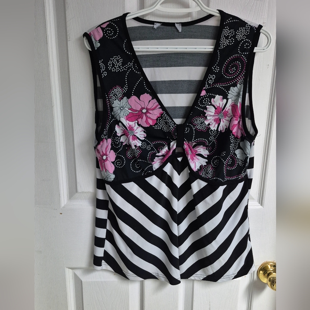 Pink and Black Asymmetrical Graphic Tank Top